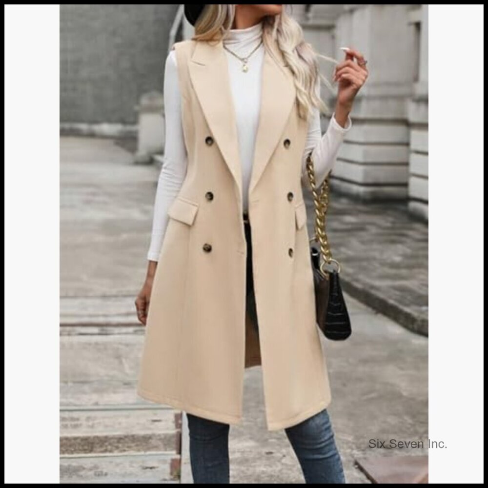Long Wool Blend Vest Sleeveless Blazer Jacket Trench Coat Outerwear - Picture 5 of 6